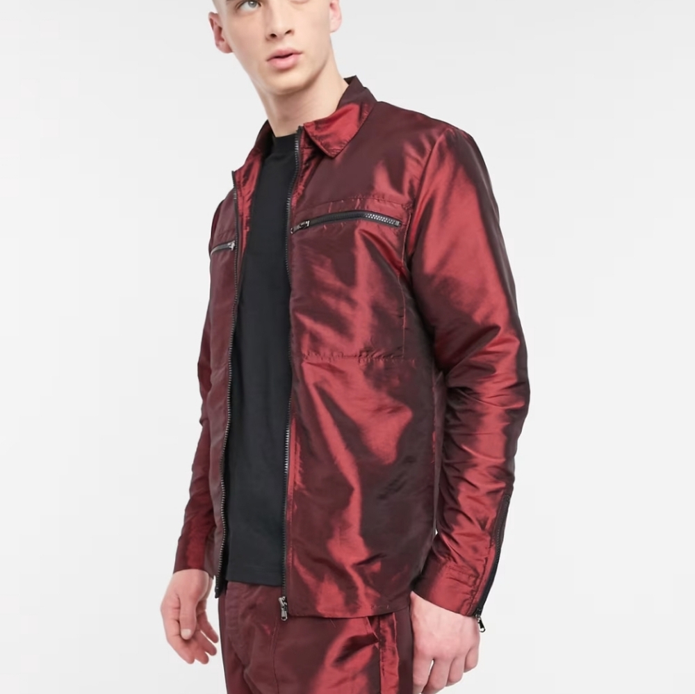 The Ragged Priest Medium Metallic Red Shirt Jacket Coat Zipper Burgundy Y2K Goth